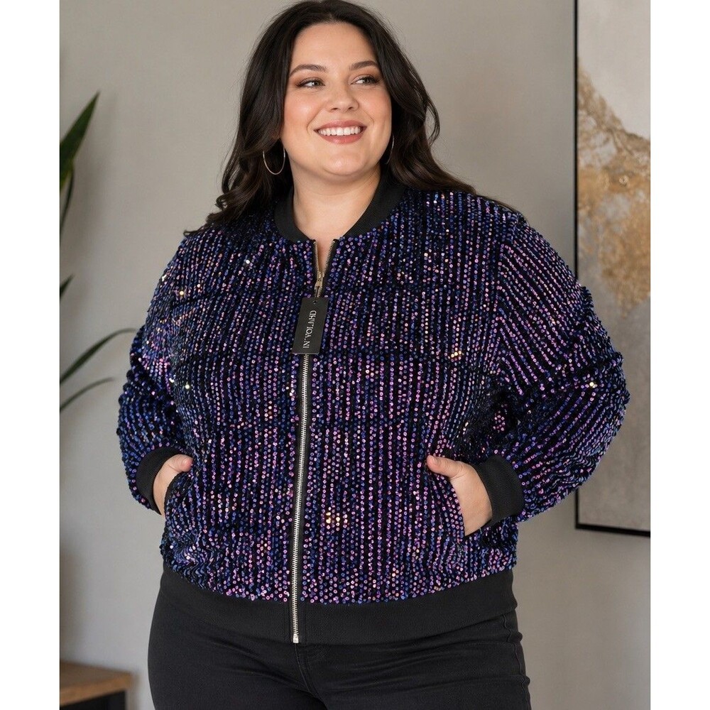 In’Voland Sequin Long Sleeve Lined Zip Front Jacket Pink/Black/Blue Size 20W